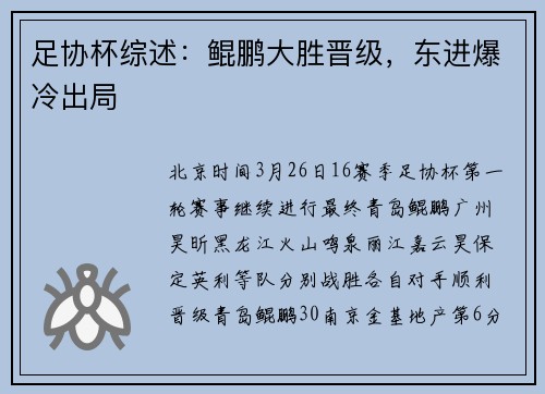 足协杯综述：鲲鹏大胜晋级，东进爆冷出局