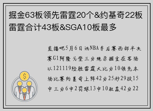 掘金63板领先雷霆20个&约基奇22板 雷霆合计43板&SGA10板最多